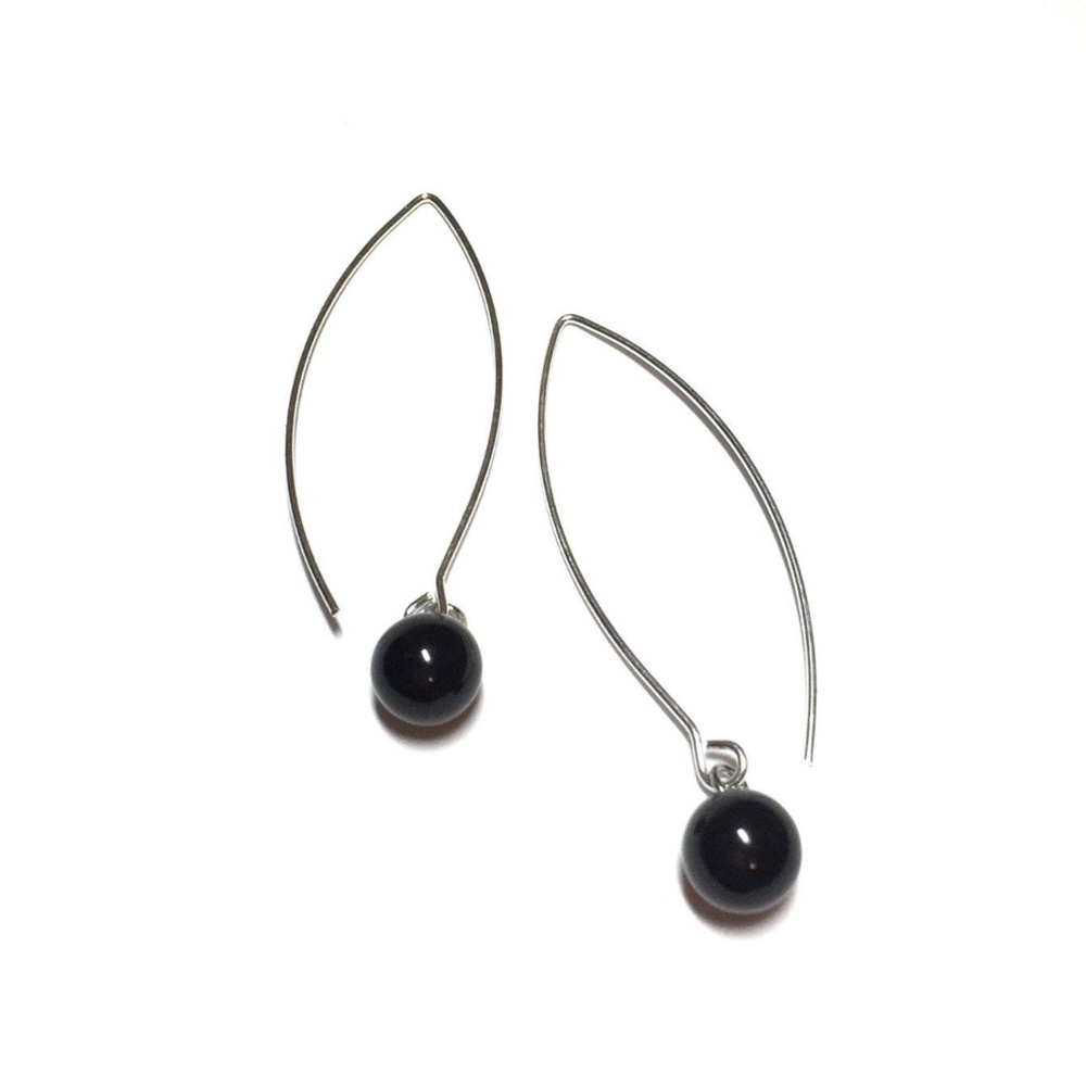 Black Long Wire Lucite Silver Rain Drop Earrings